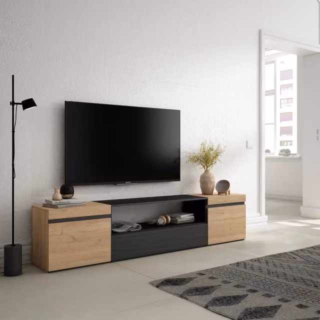 Mobile TV, 200x35x45cm, soggiorno, Per TV fino a 80", Mobile Soggiorno, colore Rovere e nero RF2256