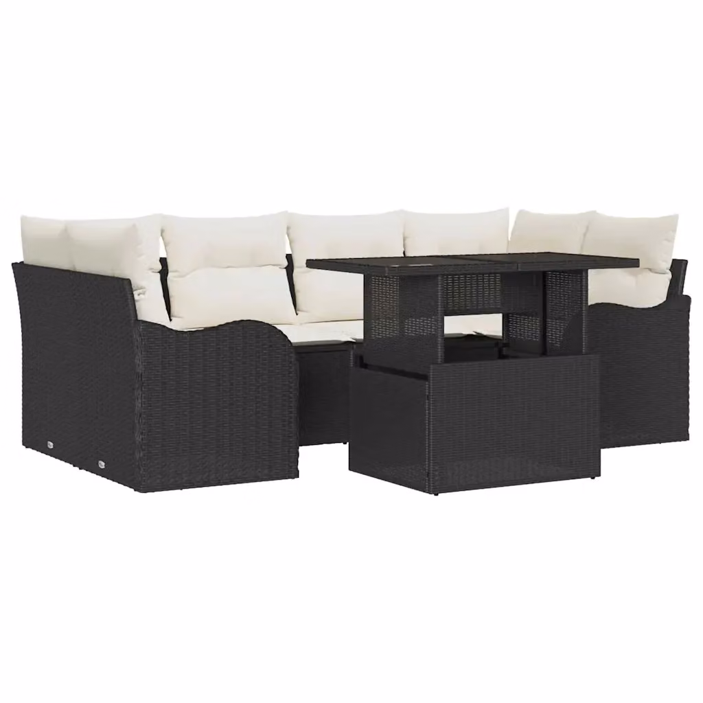 Set Divano da Giardino vidaXL 7 Pezzi con Tavolino e Cuscini, Struttura in Acciaio Verniciato a Polvere e Rattan, Colore Nero e Beige – 2
