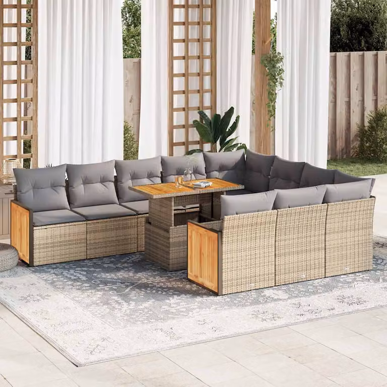 Set di divani da giardino vidaXL in polyrattan e legno di acacia con cuscini beige, composizione a forma di U con tavolino e pouf, 11 pezzi