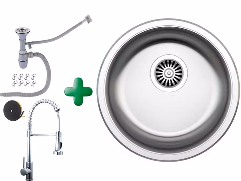 [Lavello in acciaio inox Ø 42 cm + rubinetto a spirale] Lavello da cucina di alta qualità, installabile su entrambi i lati Lavello rotondo da incasso in acciaio inox Lavello in acciaio inox per basi da 45 cm incl. set di sifoni