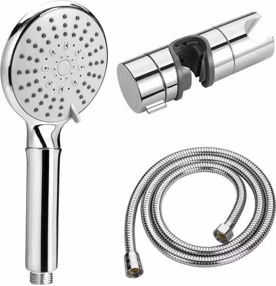 Set doccia Ibenzoa® – soffione a risparmio idrico, cromato, tubo flessibile da 1,5 metri, supporto da parete senza foratura, getti regolabili