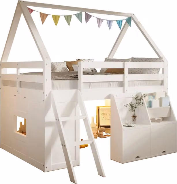 Letto a soppalco per bambini 90x200 cm bianco con mensola e sponde， senza materasso