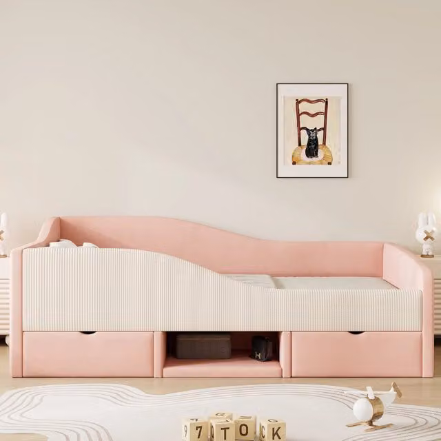 Letto singolo per bambini Chicfurn in velluto con 2 cassetti, barriera e rete, rosa e bianco, L/P/H: 190 x 90 x 98 cm