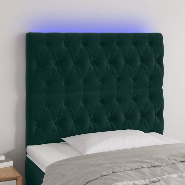 Testiera per letto vidaXL in velluto verde scuro con illuminazione LED integrata e porta di ricarica USB, L: 100 cm, H: 118-128 cm, P: 7 cm