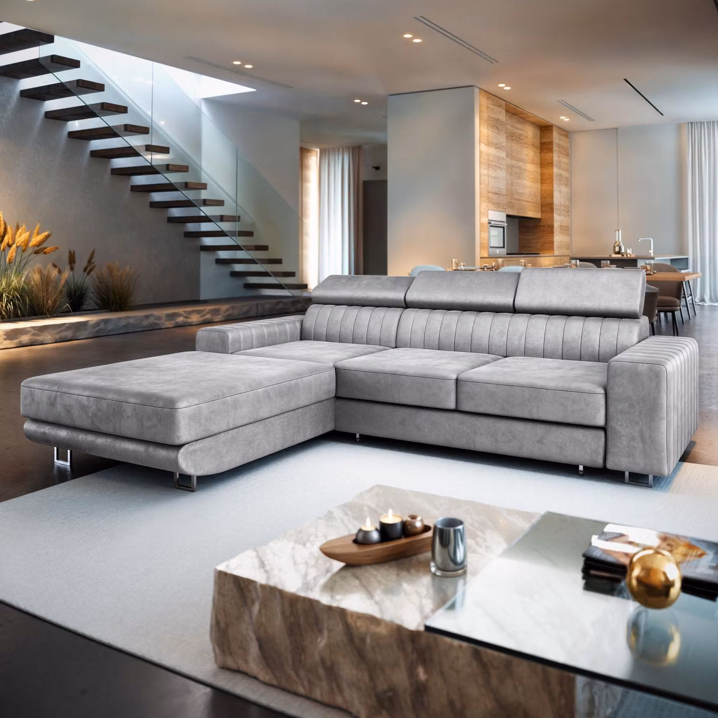 Divano angolare Masseno NOTO L-S con funzione letto a L, divano con box letto, divano da soggiorno, divano, divano letto, set di divani - grigio chiaro, MONOLITH 84