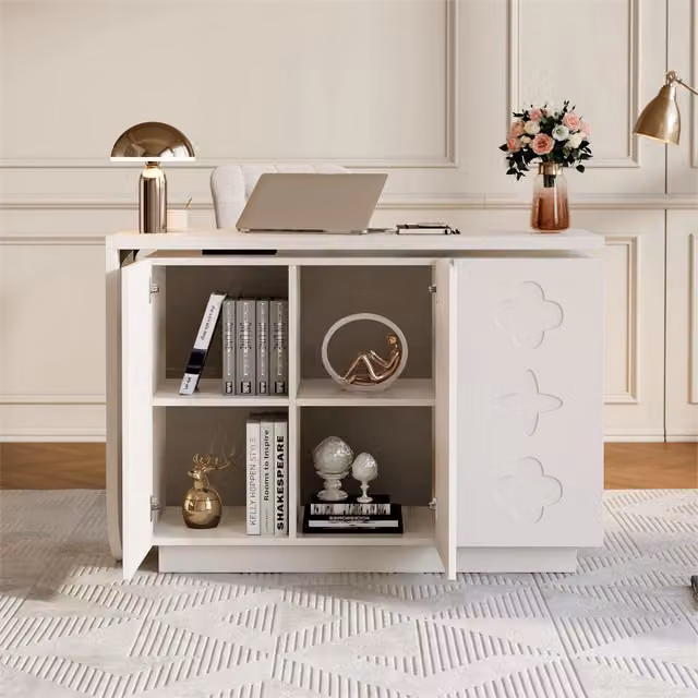 Scrivania angolare Mivray con piano girevole e struttura in MDF bianco per ufficio e home office