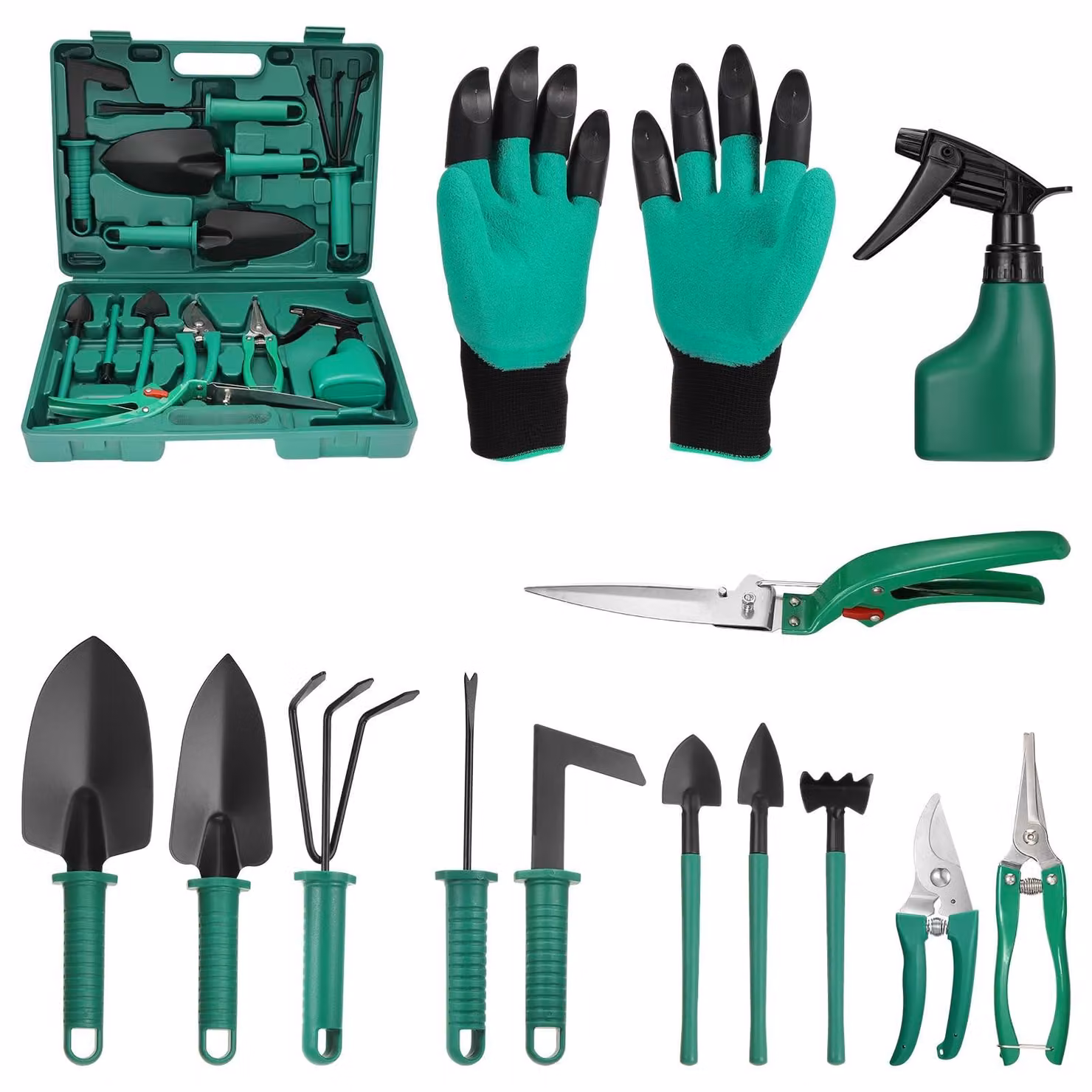 Set di 13 utensili da giardino con scatola portaoggetti - Verde