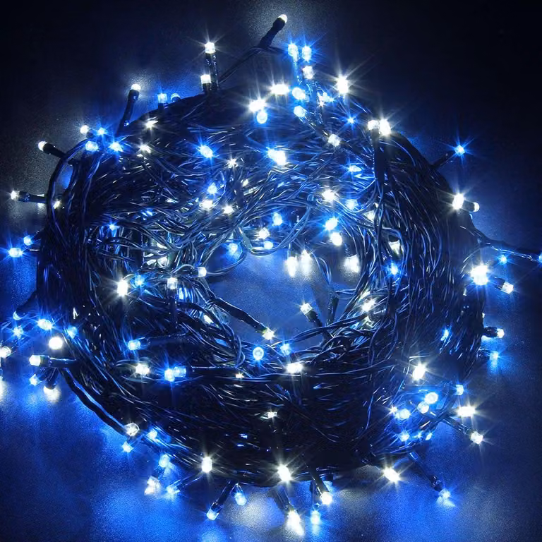 Catena luminosa a LED, blu/bianco, 30 metri, con timer, per uso interno/esterno