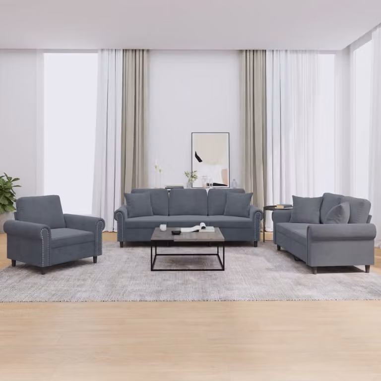 Set di divani 3 pezzi vidaXL in velluto grigio con cuscini e braccioli per soggiorno moderno