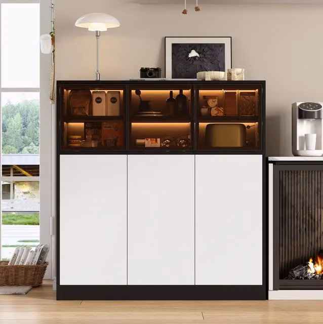Madia credenza 100x40x105 cm con 6 ante; 3 in vetro; LED 24 colori; nero e bianco