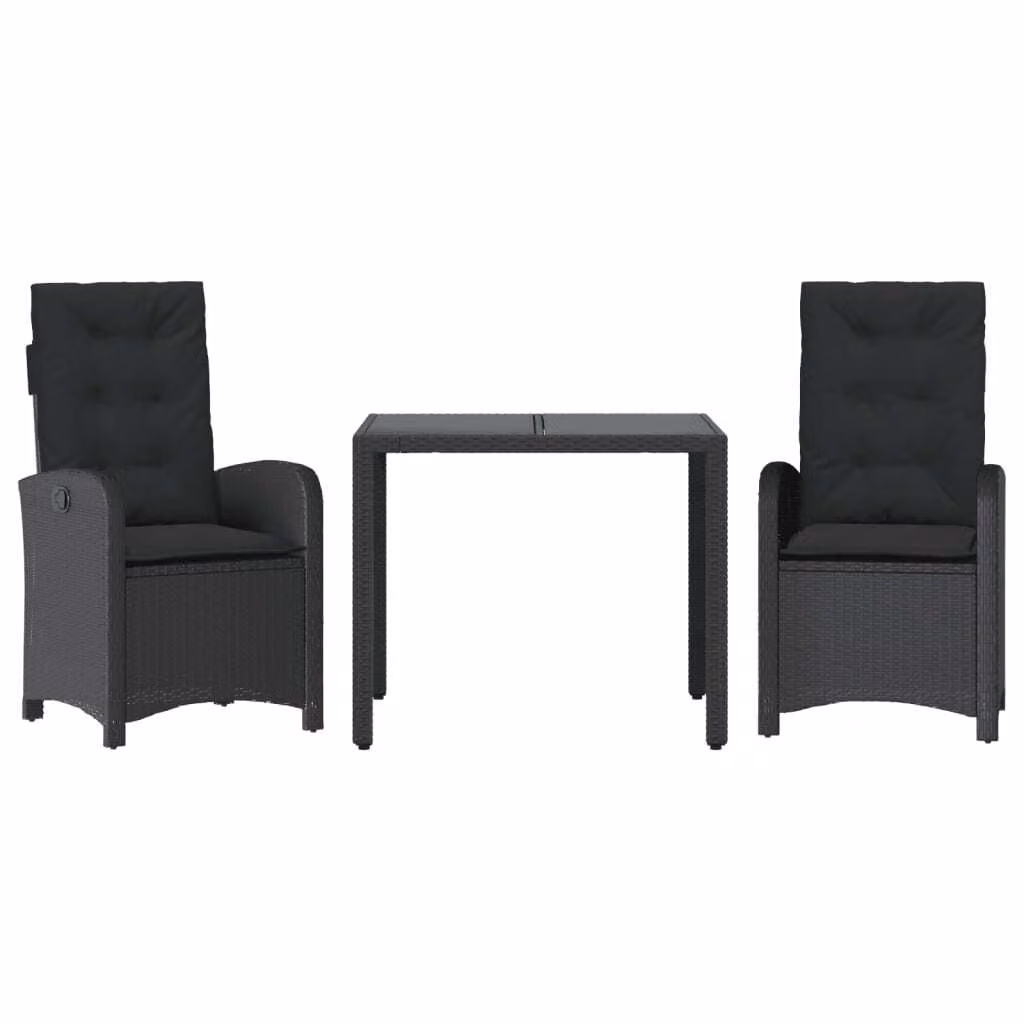 Set da Pranzo da Giardino 3 pz con Cuscini Nero in Polyrattan