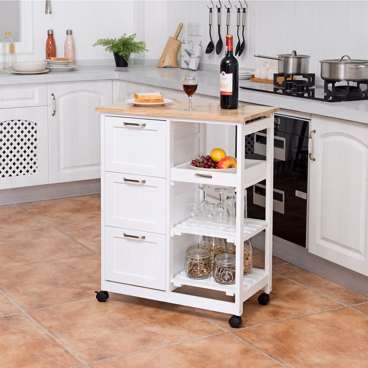 Carrello da cucina Costway in legno di gomma e pino con vassoio, 2 mensole e 3 cassetti, Bianco