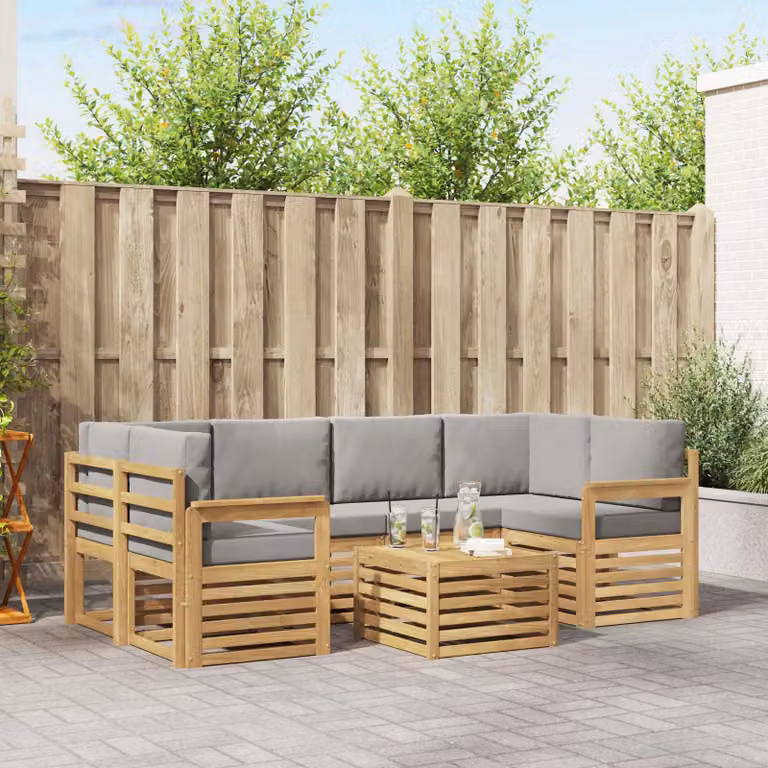 Set di divani da esterno vidaXL a forma di L con tavolino da caffè, 7 pezzi, in legno di acacia e tessuto bianco e grigio