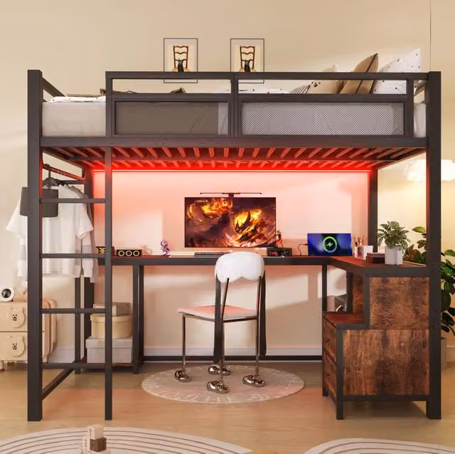 Letto a soppalco 140x200 cm con scrivania; LED e porta USB in metallo e legno nero