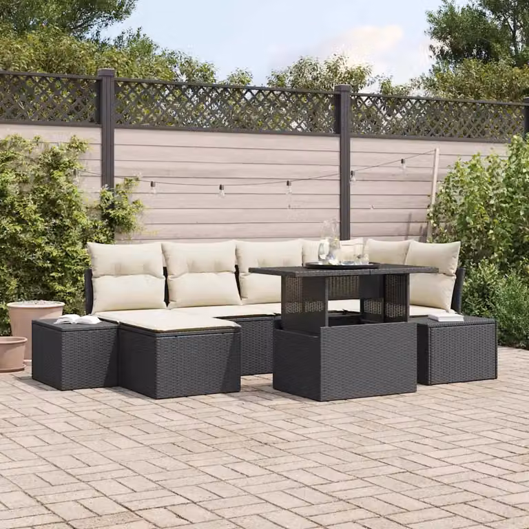 Set Divano da Giardino vidaXL 7 Pezzi Moderno con Cuscini Nero e Beige in Polyrattan e Acciaio Verniciato a Polvere