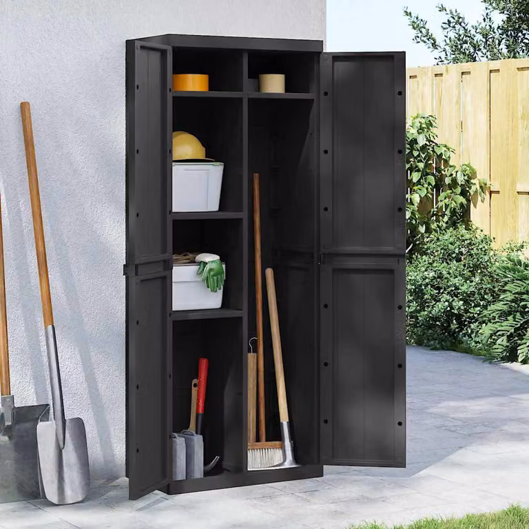 Armadio da esterno vidaXL in plastica nera con ripiani interni e serratura L/P/H: 65 x 37 x 165 cm