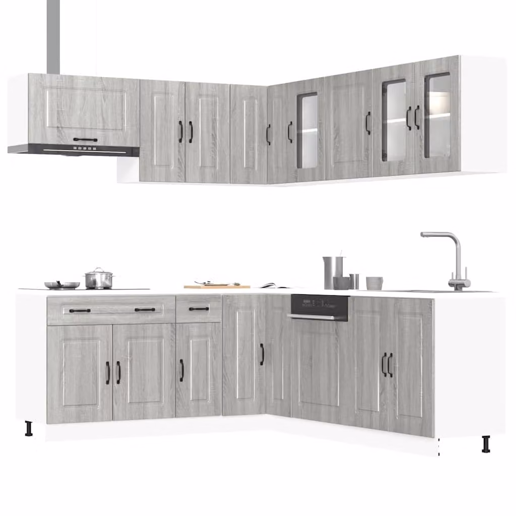 Set di mobili da cucina moderno Kalmar di vidaXL, 11 pezzi, colore grigio, con ante a cerniera e ripiani aperti