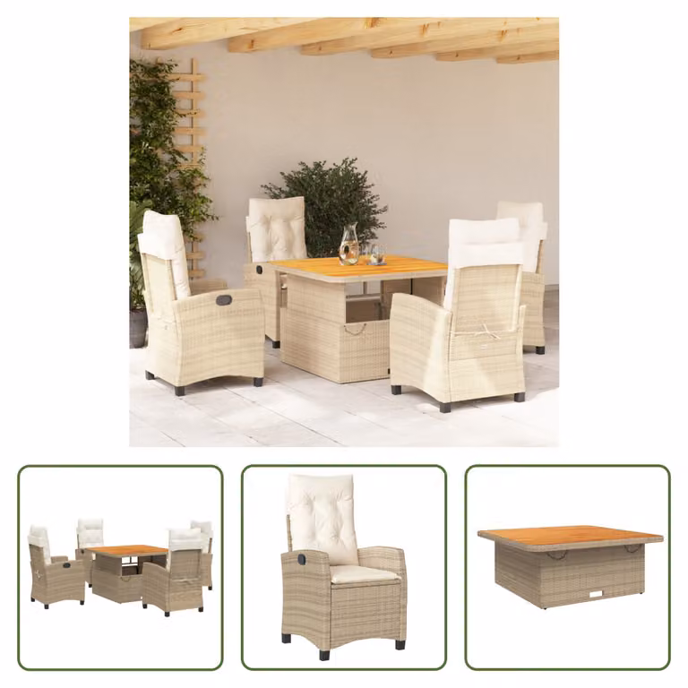 The Living Store Set da pranzo da giardino 5 pezzi con cuscini Beige poly rattan
