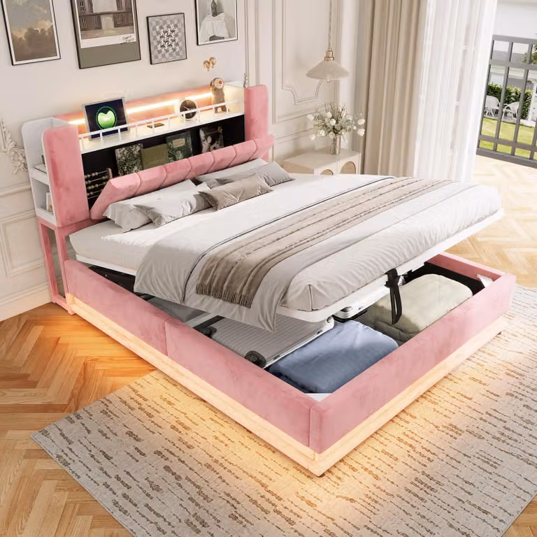 Letto matrimoniale idraulico imbottito 160x200 cm con USB e Type-C, letto a due piazze con contenitore, letto a soppalco per ragazzi con rivestimento in ecopelle, velluto o rosa