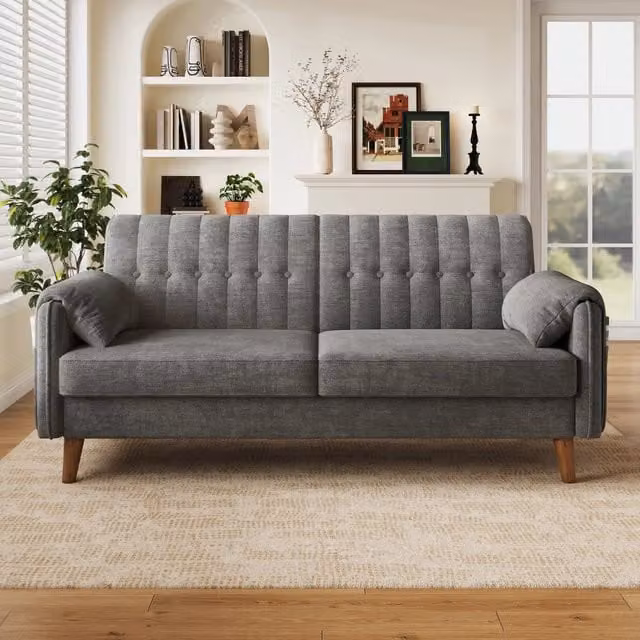 Divano a 2 posti Mivray in tessuto grigio con gambe in legno e metallo, L: 161,5 cm, P: 83,5 cm, H: 79 cm