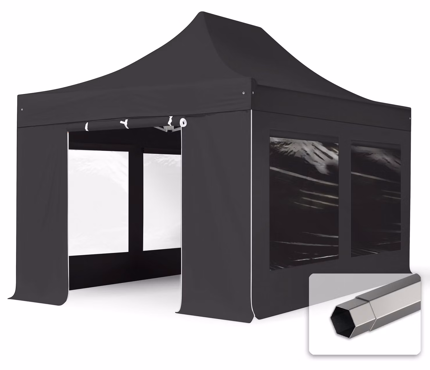 TOOLPORT 3x4,5 m gazebo pieghevole PVC con laterali (finestre panoramiche), PREMIUM acciaio, nero