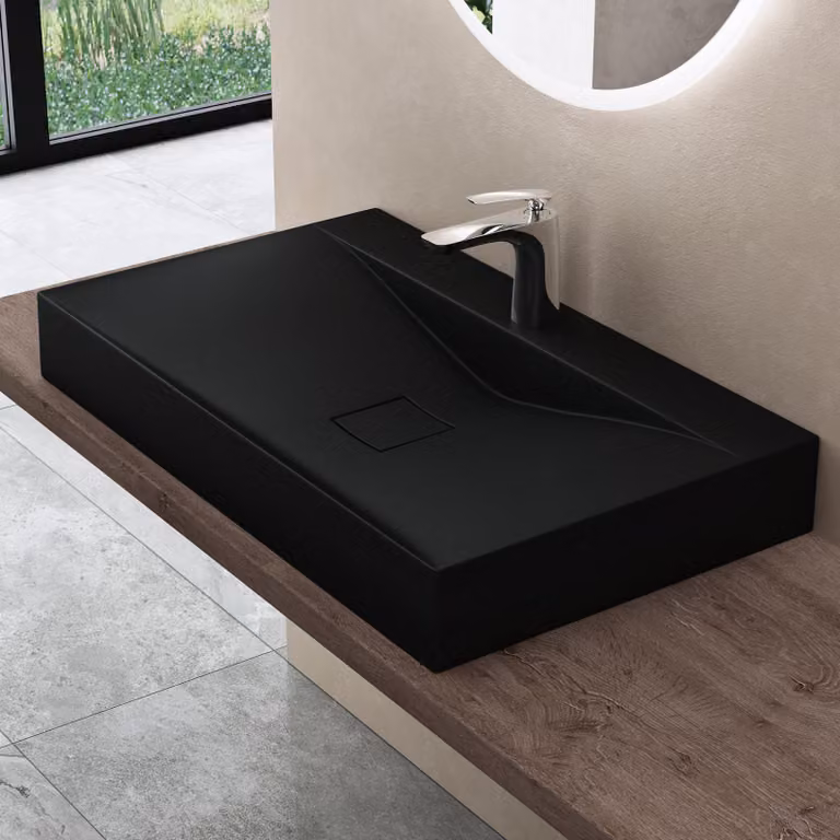 doporro Lavabo da Appoggio o Sospeso Rettangolare 80 cm in Marmoresina Nero Opaco, Lavandino Bagno con Foro per Rubinetto Colossum810
