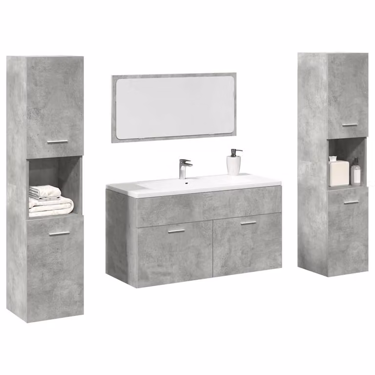 Set di mobili da bagno vidaXL 4 pezzi in legno e vetro, colore grigio, design moderno a parete con mobile lavabo, colonna alta e armadietto con specchio