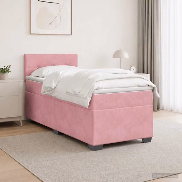 Letto box spring con materasso vidaXL in velluto rosa e bianco con base a sollevamento L/P/H: 90 x 200 x 46 cm