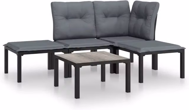 Set Salotto da Giardino Moderno a L in Polyrattan e Metallo Nero e Grigio con 5 Pezzi e Cuscini Inclusi – 1