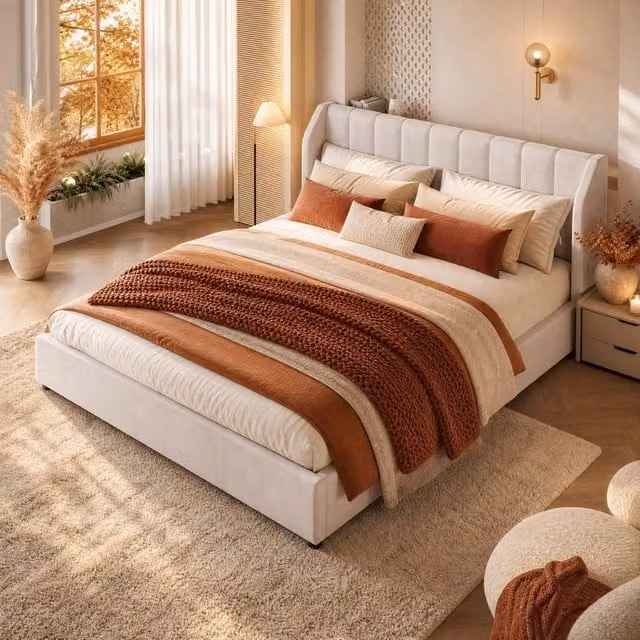 Letto matrimoniale imbottito 180 × 200 cm con rete a doghe rivestimento in velluto francese beige