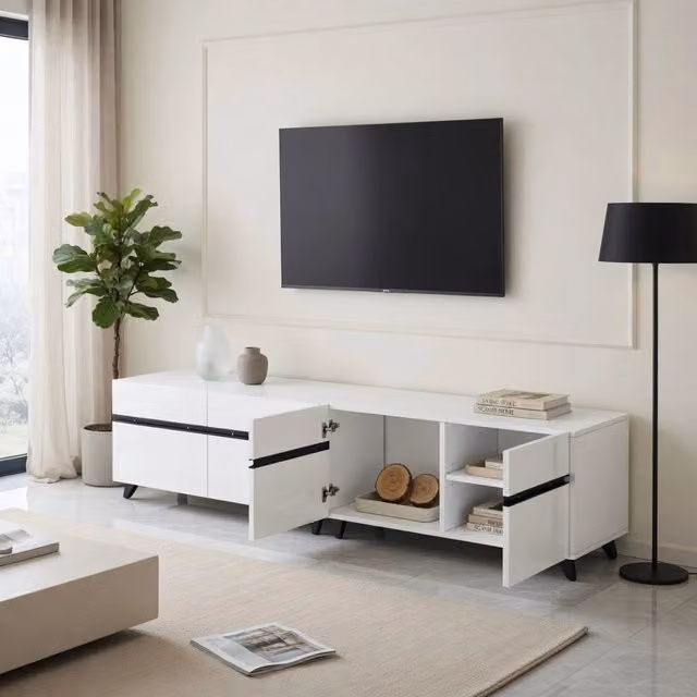 Cassettiera TV moderna KOMHTOM in MDF lucido bianca o nera L: 180 cm, P: 40 cm, H: 49 cm