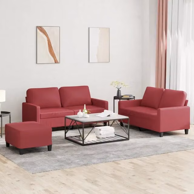 Set di Divani 3 pz con Cuscini Rosso Vino in Similpelle 3201416