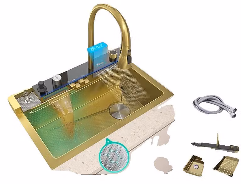 Lavello da cucina, vasca singola, acciaio inossidabile 304, modello 8046-Gold-FM-C