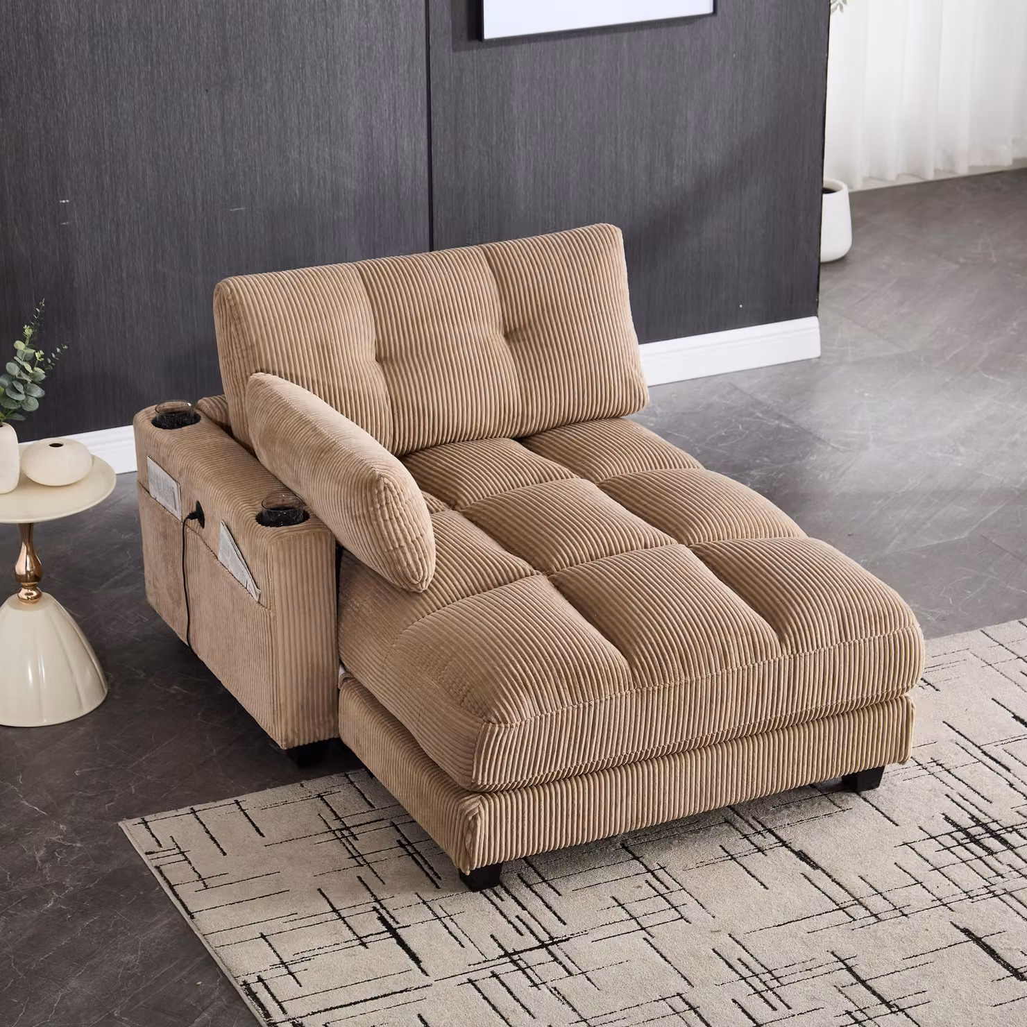 LVHOM chaise longue con USB e portabicchieri, poltrona reclinabile con tasche laterali, poltrona singola da pavimento, schienale regolabile, kaki