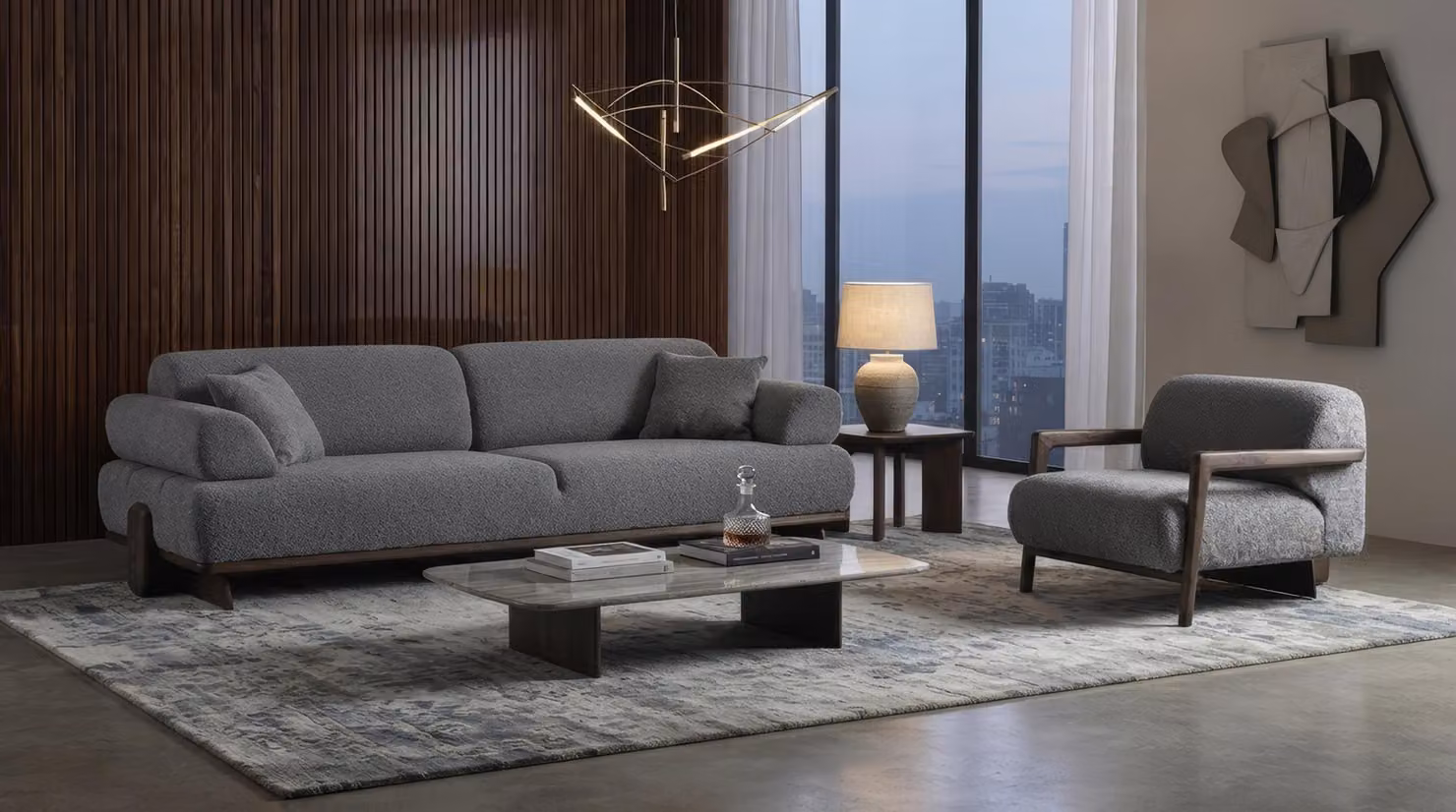 Sofa Garnitur 3-Sitzer Sessel Modern Grau Bequem Couch Polster