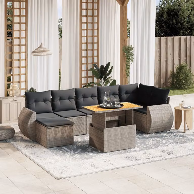 vidaXL Set Divano da Giardino a L 8 pz in Polyrattan Grigio con Cuscini e Tavolino