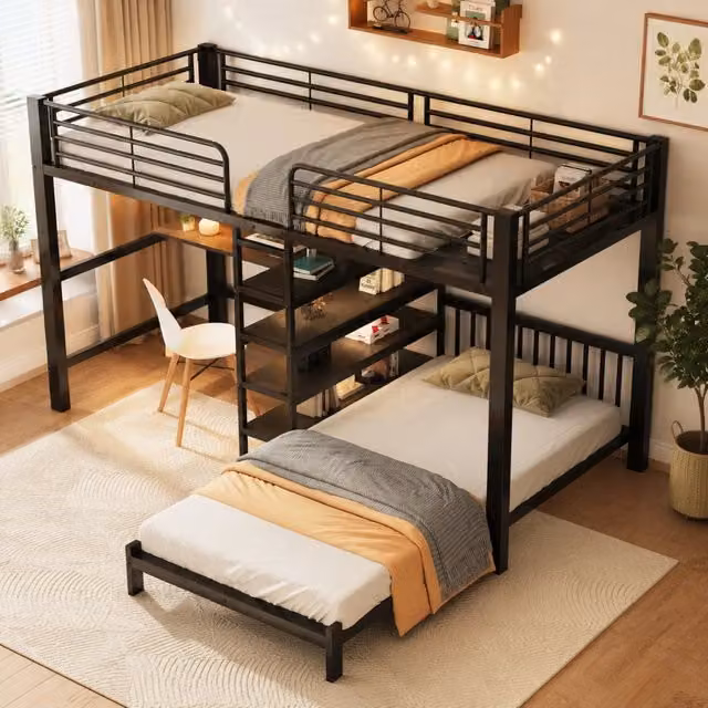 Letto a soppalco 90x200 cm con scrivania e USB, nero