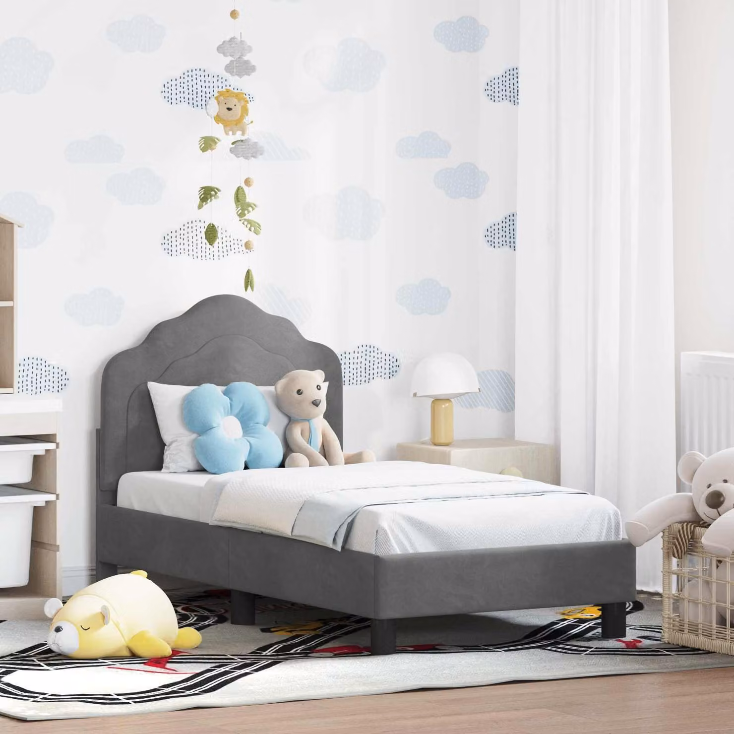 Struttura letto per bambini vidaXL in velluto grigio con testata, L/P/H: 140 x 70 x 79 cm