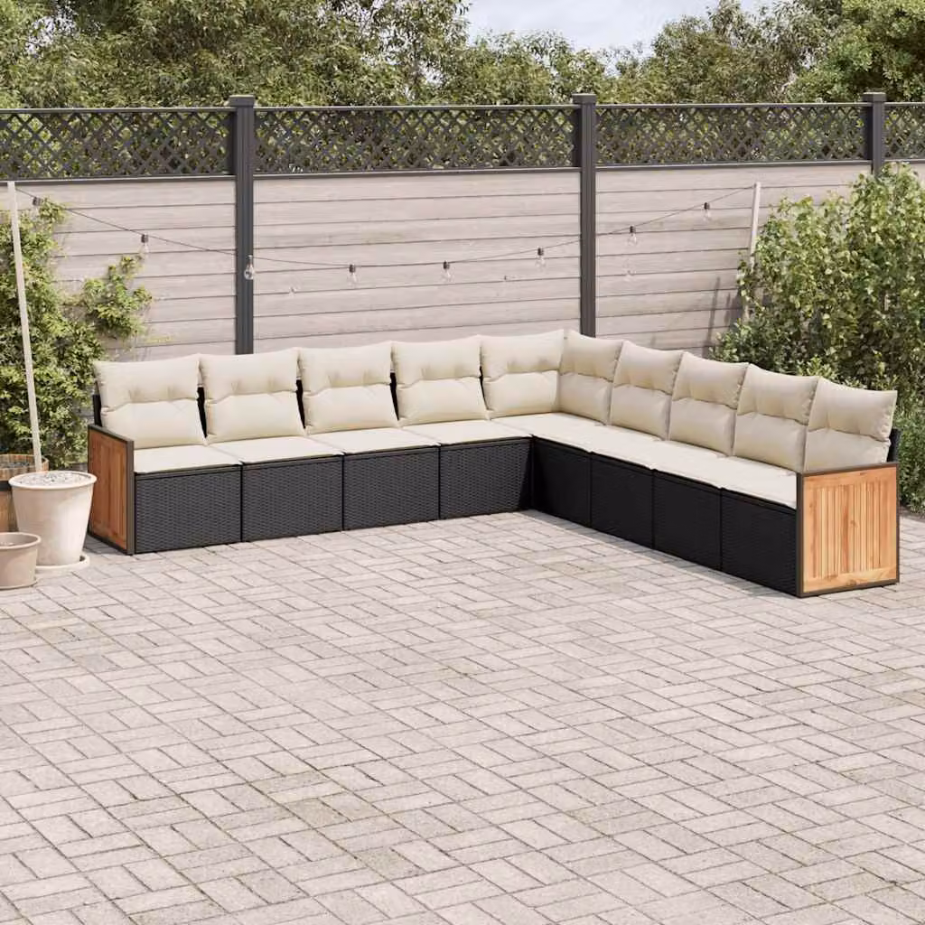 Set di Divani da Giardino vidaXL a Forma di L, 9 Pezzi con Cuscini, Colore Nero e Bianco, in Polyrattan e Legno di Acacia – 1