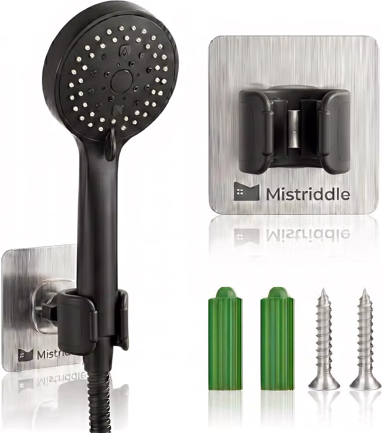 Supporto regolabile e girevole per soffione della doccia, con morsetto in TPU, supporto adesivo 2-in-1, per il bagno