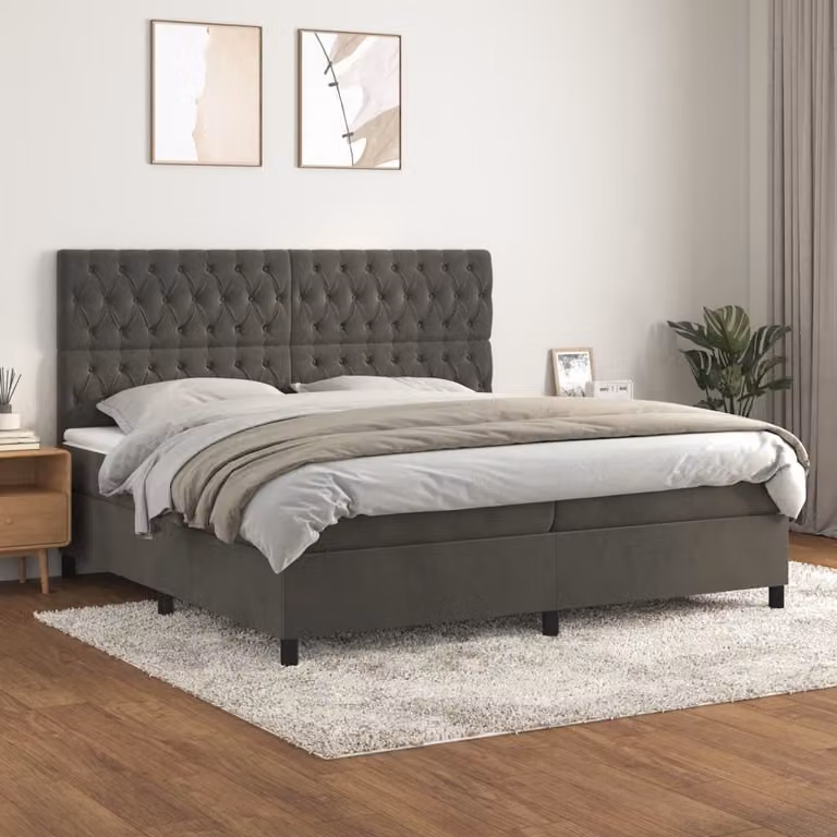 The Living Store Letto a molle con materasso grigio scuro 200x200 cm in velluto
