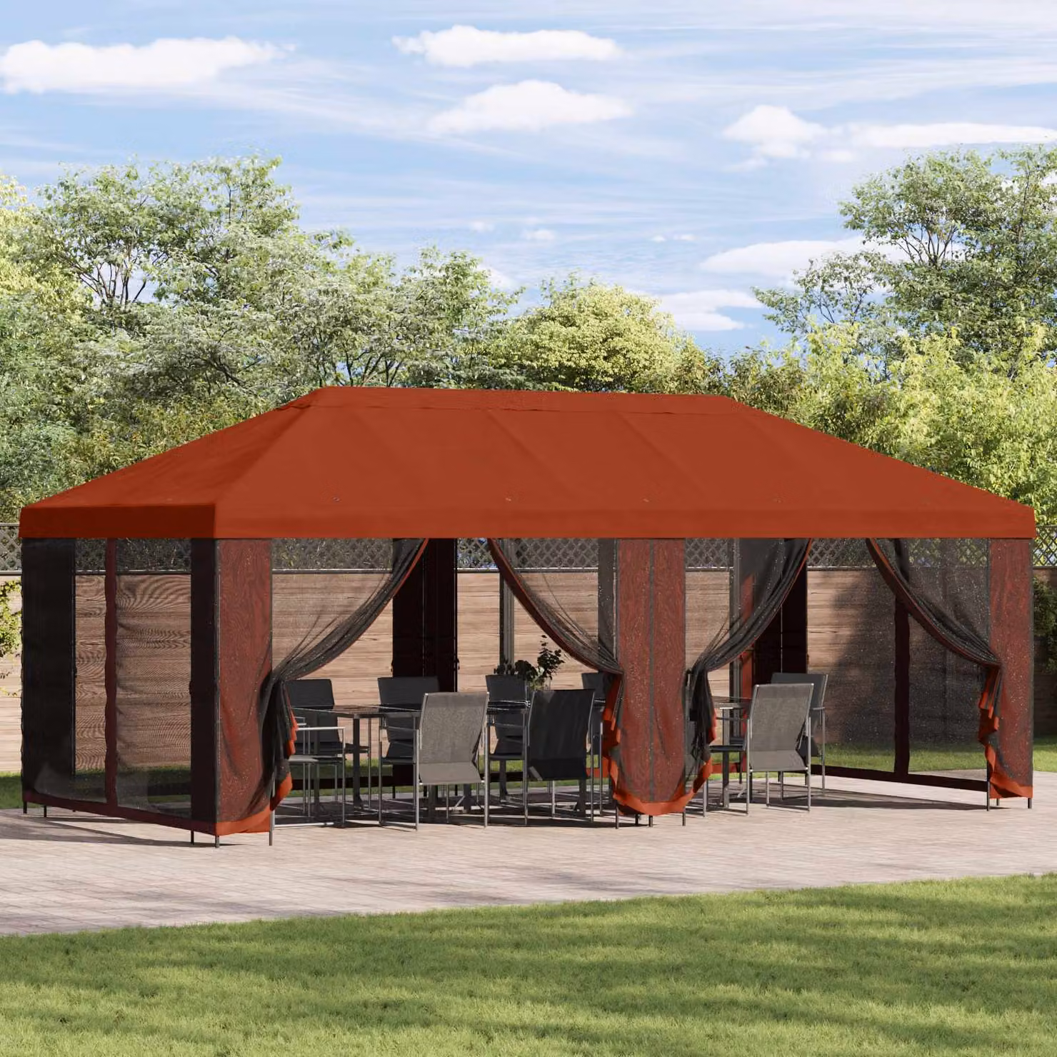 vidaXL Gazebo da giardino con pareti laterali in poliestere e struttura in acciaio zincato, L: 600 cm, P: 300 cm, H: 276,5 cm, Terracotta