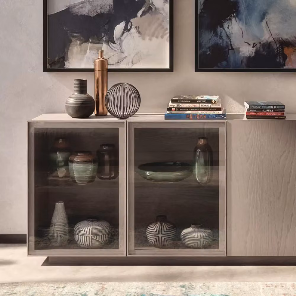Madia moderna Mobili2g in legno di frassino grigio opaco con illuminazione integrata e cassetti soft-close L: 240 cm, P: 48 cm, H: 88 cm – 2