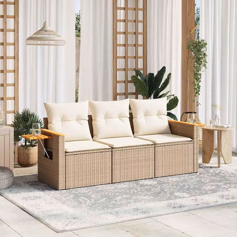 Set Divano da Giardino 3 pz vidaXL in Polyrattan Beige con Cuscini e Tavolino
