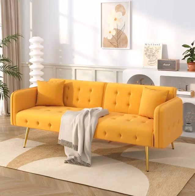 Divano letto a 2 posti convertibile con schienale e braccioli regolabili; 215x81;5 cm; velluto giallo