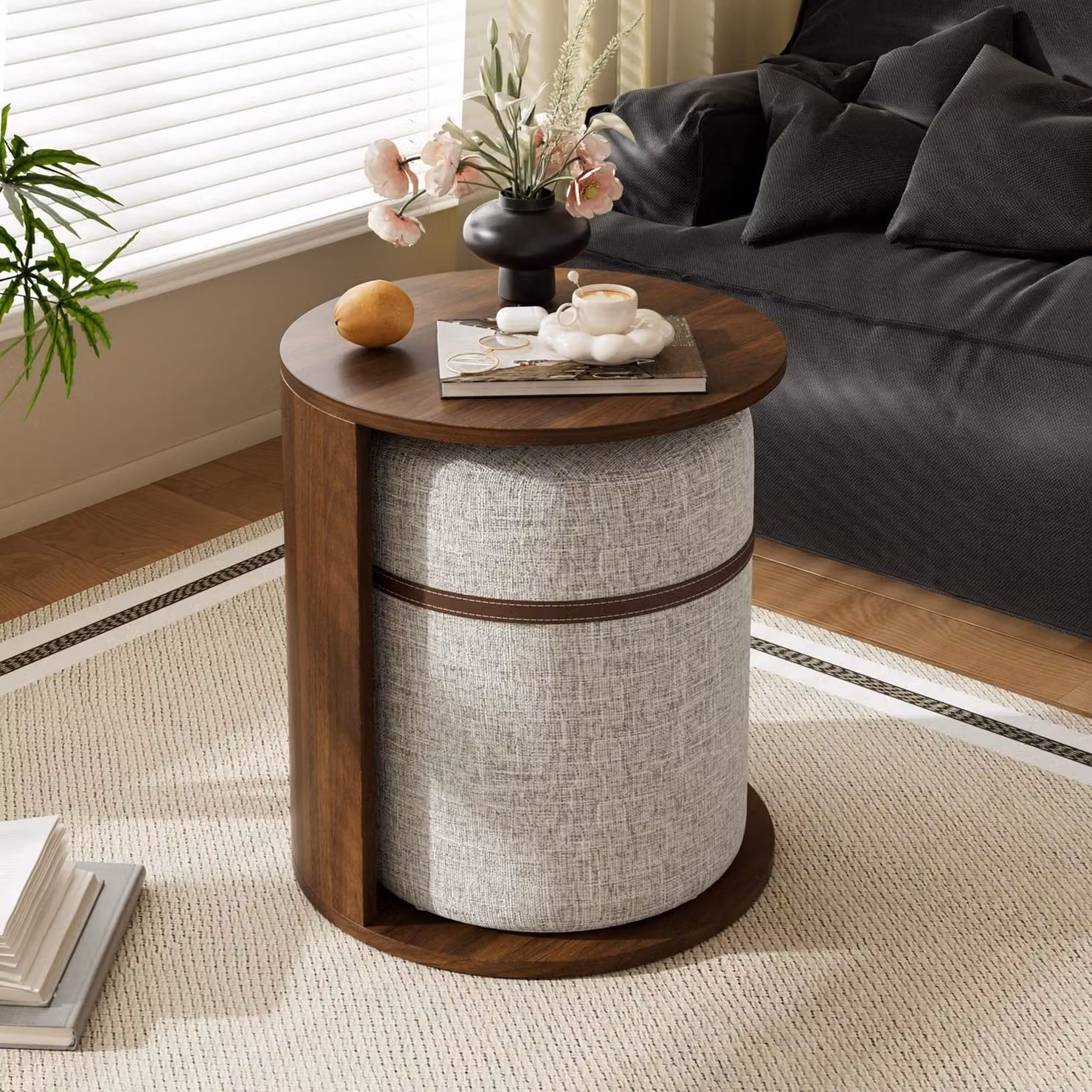 Tavolino da divano Merax con poggiapiedi integrato, set di tavolini rotondi, tavolino da divano con poggiapiedi integrato, comodino con spazio contenitivo, in MDF, effetto legno, noce