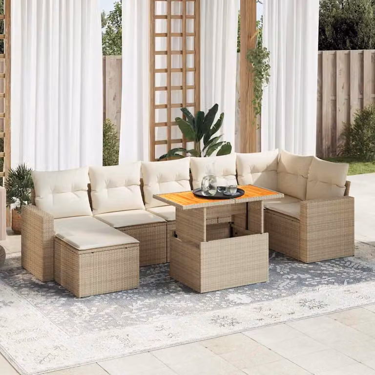 Set Divano da Giardino vidaXL 8 pz a Forma a L con Cuscini Beige e Tavolino, Struttura in Legno di Acacia e Metallo con Polyrattan