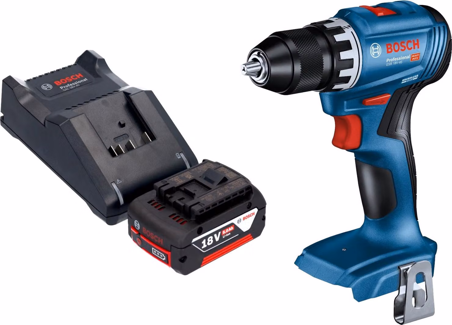 Trapano avvitatore a batteria Bosch GSR 18V-45 Professional 18 V 45 Nm Brushless + 1 batteria da 5,0 Ah + caricabatterie