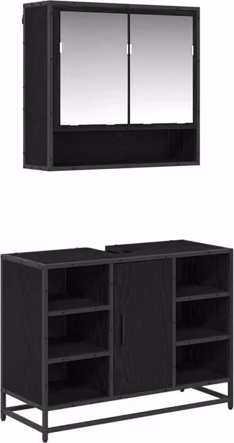 Set di mobili da bagno moderno composto da mobile lavabo e armadietto con specchio in legno e metallo nero opaco L/P/H: 80 x 60 x 39,35 cm – 1