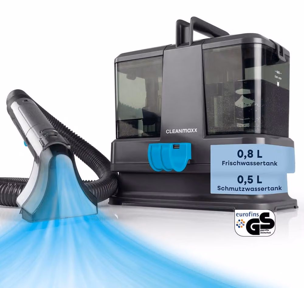 CLEANmaxx: Aspirapolvere lavapavimenti e tappeti, portatile, per la pulizia e la rimozione delle macchie, ideale per tappeti e imbottiti. Modello compatto, colore grigio/blu